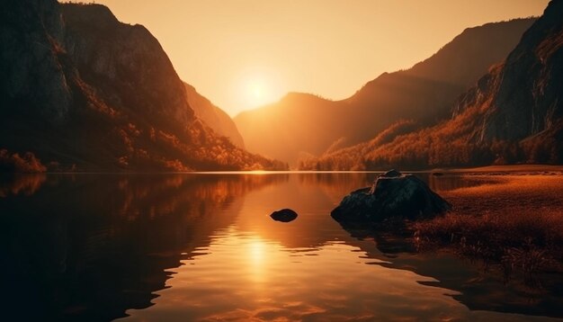 雄大な山頂のシルエットに映る夕日は、AI によって生成された静けさを映し出します