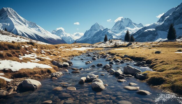 Free photo majestic mountain peak snow covered landscape horse explores frozen meadow generated by ai