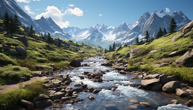 Foto gratuita maestosa vetta di montagna, prato tranquillo, acqua che scorre, foresta serena generata da intelligenza artificiale.