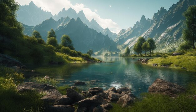 Majestic mountain peaks reflected in tranquil pond waters generated by AI