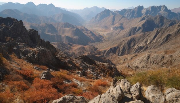 Бесплатное фото Величественные горные вершины, каменные скалы, спокойная сцена, созданная ии