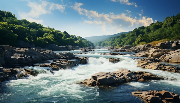 Бесплатное фото Величественный горный хребет, текущая вода, спокойная сцена, созданная искусственным интеллектом.