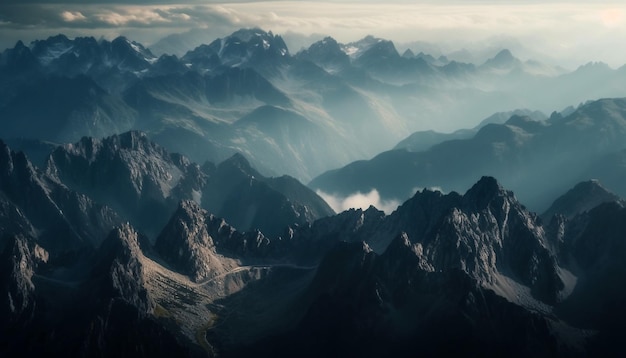 Majestic mountain range peeks through morning fog generated by AI