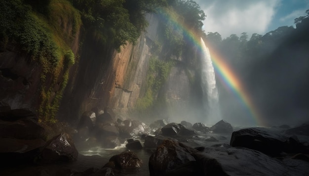 Foto gratuita arcobaleno maestoso della catena montuosa e acqua corrente generata dall'intelligenza artificiale