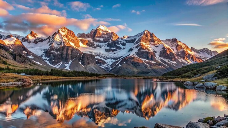 Majestic mountain range reflected in calm lake at sunset