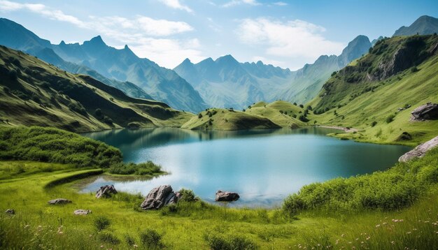 AIによって生成された静かな青い池に映る雄大な山脈