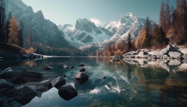 Majestic mountain range reflects in tranquil pond generated by AI