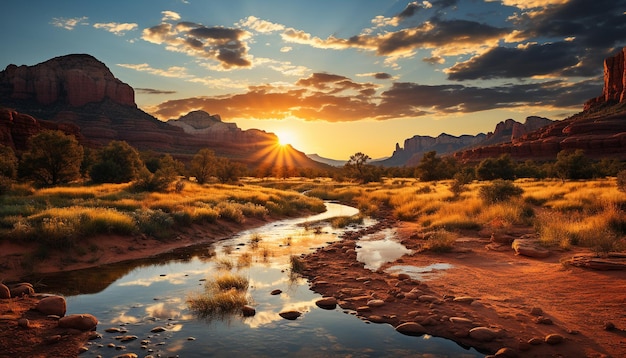 Free photo majestic mountain range reflects tranquil sunset on eroded sandstone generated by artificial intelligence