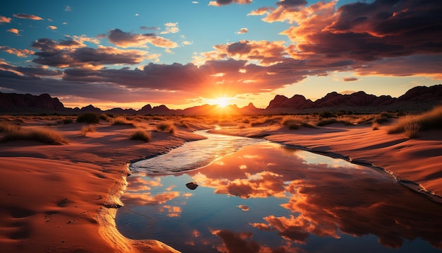 Foto gratuita la maestosa catena montuosa riflette un tramonto tranquillo sulla costa sabbiosa generata dall'intelligenza artificiale