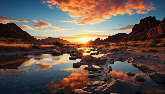 La maestosa catena montuosa riflette il tranquillo tramonto sull'acqua generata dall'intelligenza artificiale