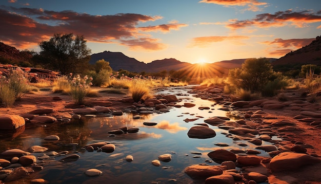 Foto gratuita la maestosa catena montuosa riflette il tranquillo tramonto sull'acqua generata dall'intelligenza artificiale