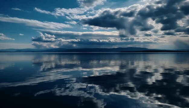 Majestic mountain range reflects in tranquil water generated by AI