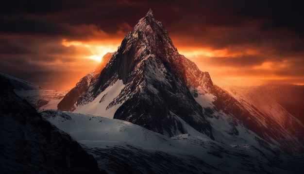 Majestic mountain range under stunning snow sunset generated by AI