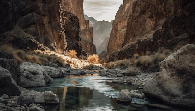 Majestic mountain range tranquil flowing water beauty generated by AI