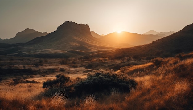 AI によって生成された雄大な山脈の静かな草原の逆光に照らされた夕日