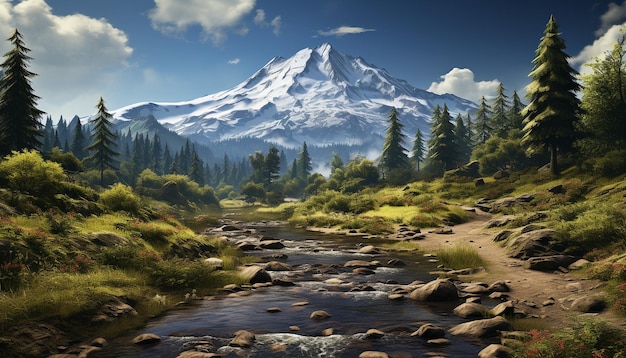 Majestic mountain range tranquil meadow flowing water serene wilderness scene generated by artificial intellingence