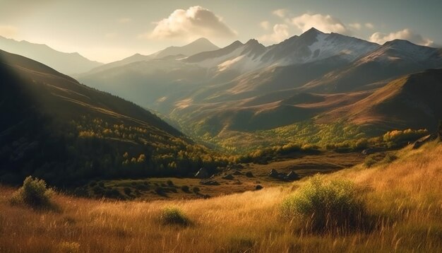 Majestic mountain range tranquil meadow serene sunset generated by AI