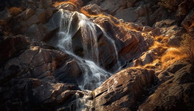 Foto gratuita scena tranquilla della catena montuosa maestosa che scorre acqua generata dall'intelligenza artificiale