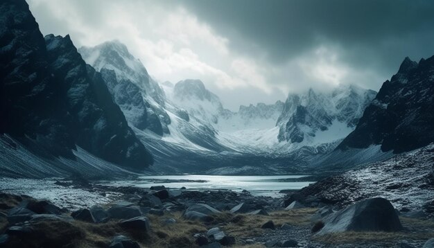 Majestic mountain range tranquil scene winter adventure generated by AI