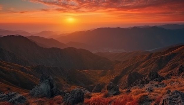 Maestosa catena montuosa tranquilla bellezza del tramonto nella natura generata dall'ia