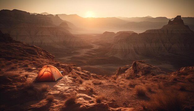 Majestic mountain range tranquil sunset camping adventure generated by AI