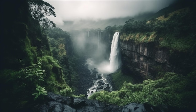 Majestic mountain range tranquil waterfall drop beauty generated by AI