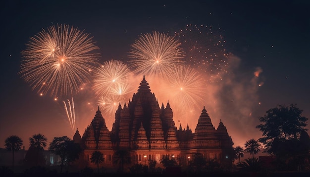 Free photo majestic pagoda illuminated at dusk spirituality celebrated generated by ai