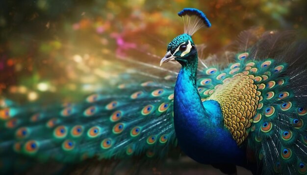 Majestic peacock displays vibrant beauty in nature generated by AI