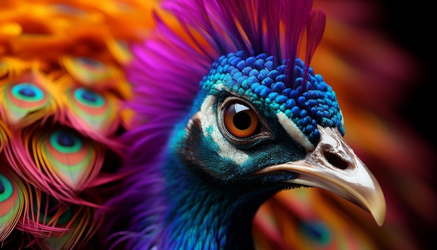 Foto gratuita il maestoso pavone mostra colori vivaci, eleganza e bellezza nella natura generati dall'intelligenza artificiale