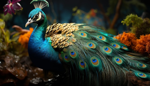 Бесплатное фото Величественный павлин демонстрирует яркую элегантность среди красоты природы, созданной искусственным интеллектом.