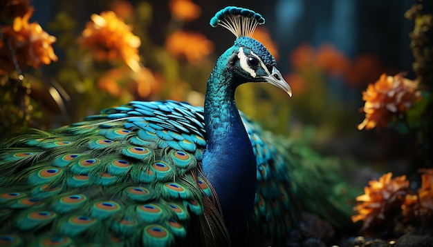 Majestic peacock displays vibrant elegance in nature beauty generated by artificial intelligence