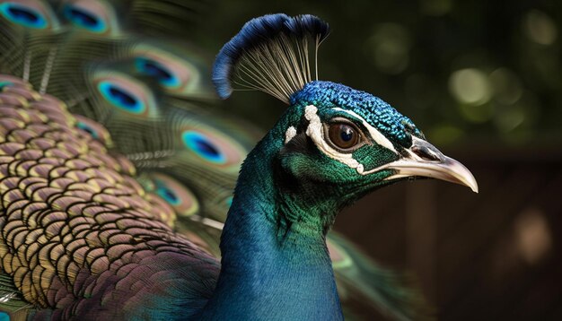 Бесплатное фото Величественный павлин демонстрирует яркий разноцветный рисунок перьев, созданный искусственным интеллектом