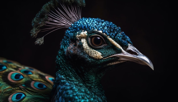 Majestic peacock displays vibrant multi colored feather pattern generated by AI