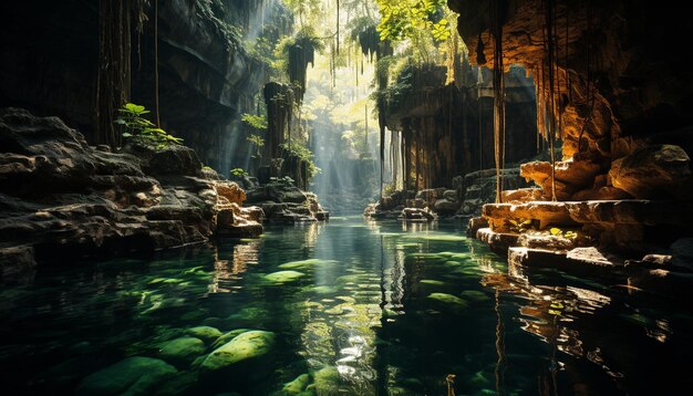 Majestic rock water flowing green forest tranquil scene tropical adventure generated by artificial intellingence