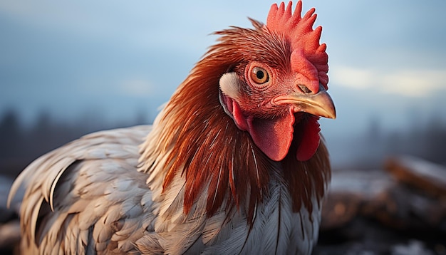 Foto gratuita il maestoso canto del gallo mostra la vitalità e la bellezza della natura generata dall'intelligenza artificiale