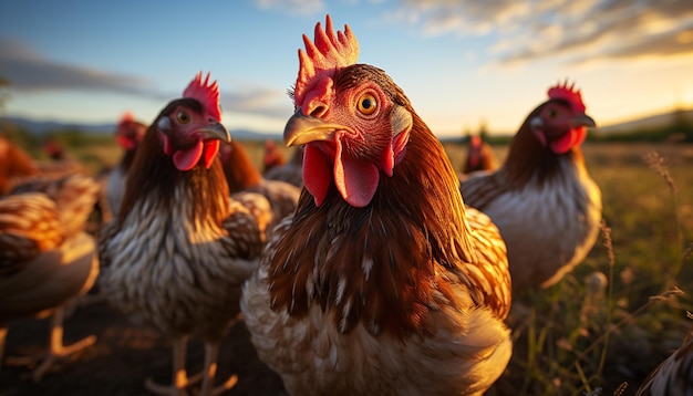 Free photo majestic rooster crowing at sunrise animals standing in meadow generated by artificial intelligence