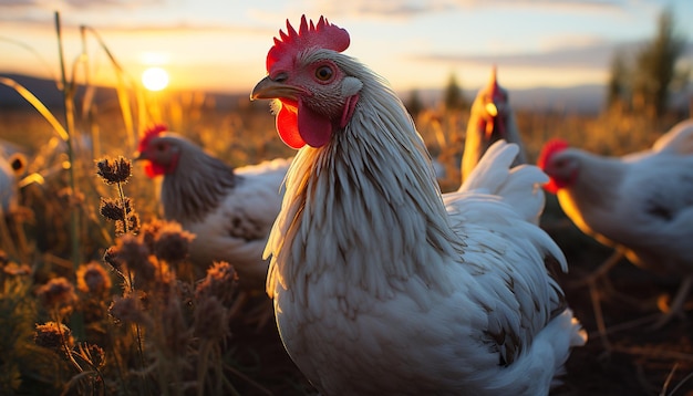 Free photo majestic rooster crowing at sunrise on rural chicken farm generated by artificial intelligence