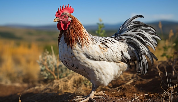 Foto gratuita maestoso gallo che picca in piedi in un prato verde circondato da polli generati da intelligenza artificiale