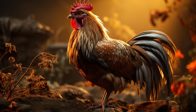 Majestic rooster standing in meadow crowing at sunrise generated by artificial intelligence