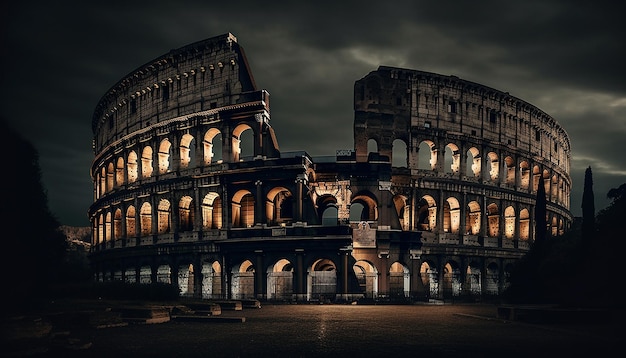 Majestic ruins illuminated by twilight blue sky generated by AI