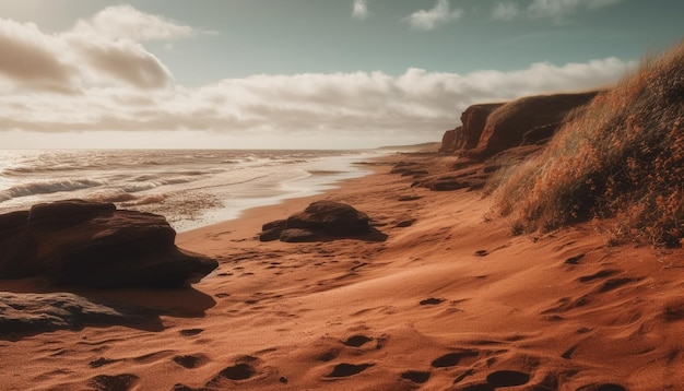 Majestic sandstone cliff eroded by tranquil waves generated by AI