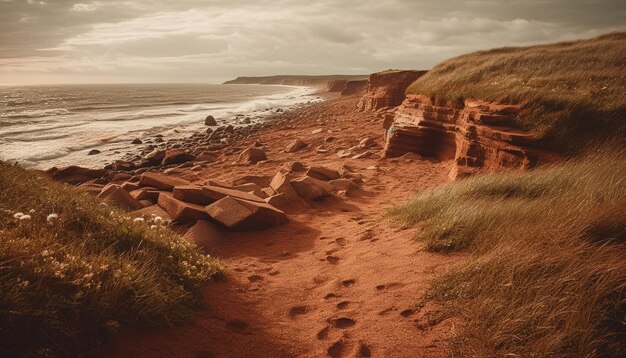 Величественная скала из песчаника встречается со спокойными водами, создающими искусственный интеллект