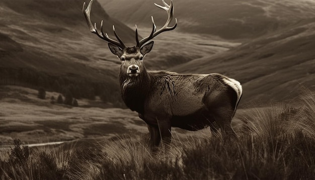 Majestic stag grazing in tranquil meadow generated by AI