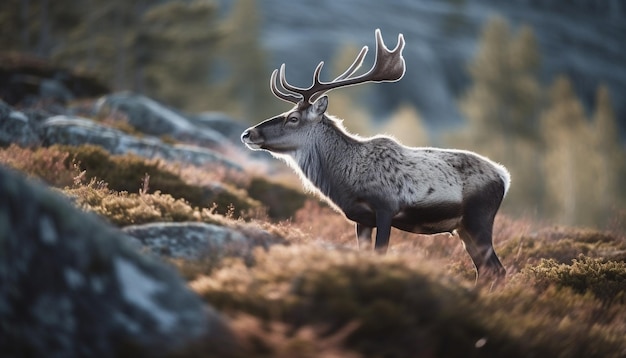 Foto gratuita maestoso cervo in piedi nell'ia generativa del paesaggio forestale invernale