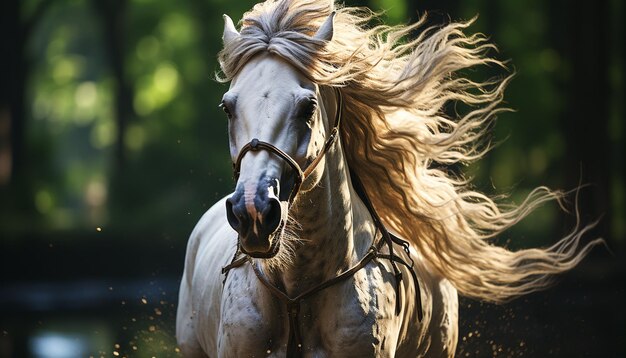 Majestic stallion gallops freely in the lush green meadow generated by artificial intelligence