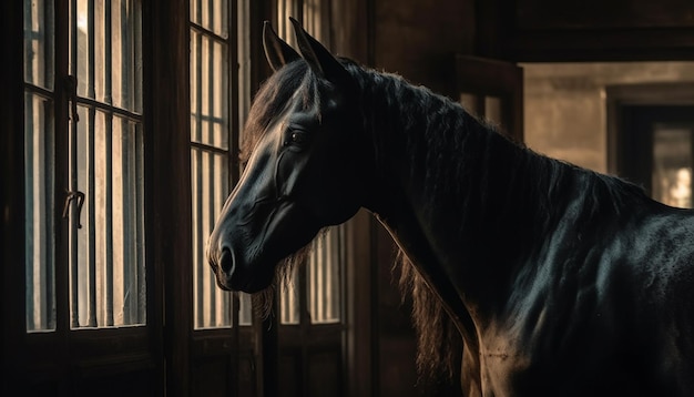 Free photo majestic stallion grazes in tranquil meadow sunset generated by ai