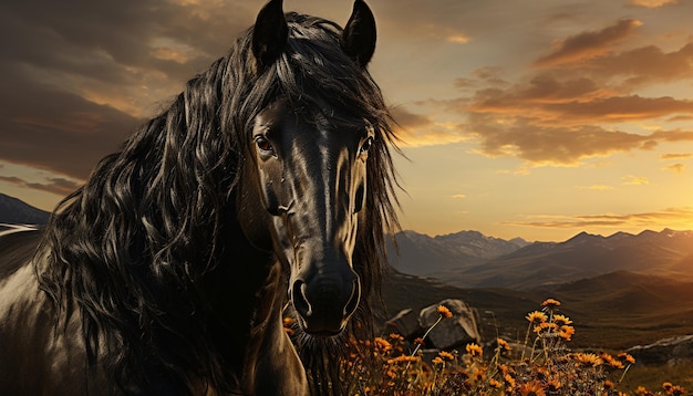 Free photo majestic stallion grazes in tranquil meadow at sunset generated by artificial intelligence