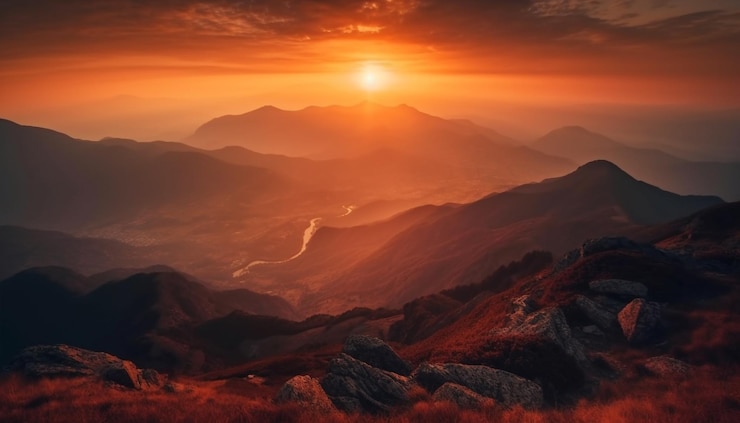 Free Photo majestic sunset over tranquil mountain range silhouette generated by ai