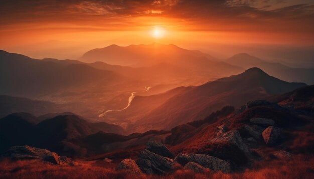 Majestic sunset over tranquil mountain range silhouette generated by AI