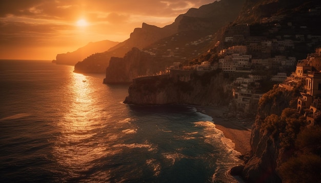 Free photo majestic sunset over tranquil waters and cliffs generated by ai